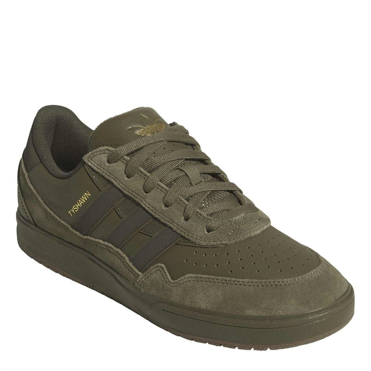 Adidas low-top canvas sneakers in olive with suede overlays, perforations, and lace-up