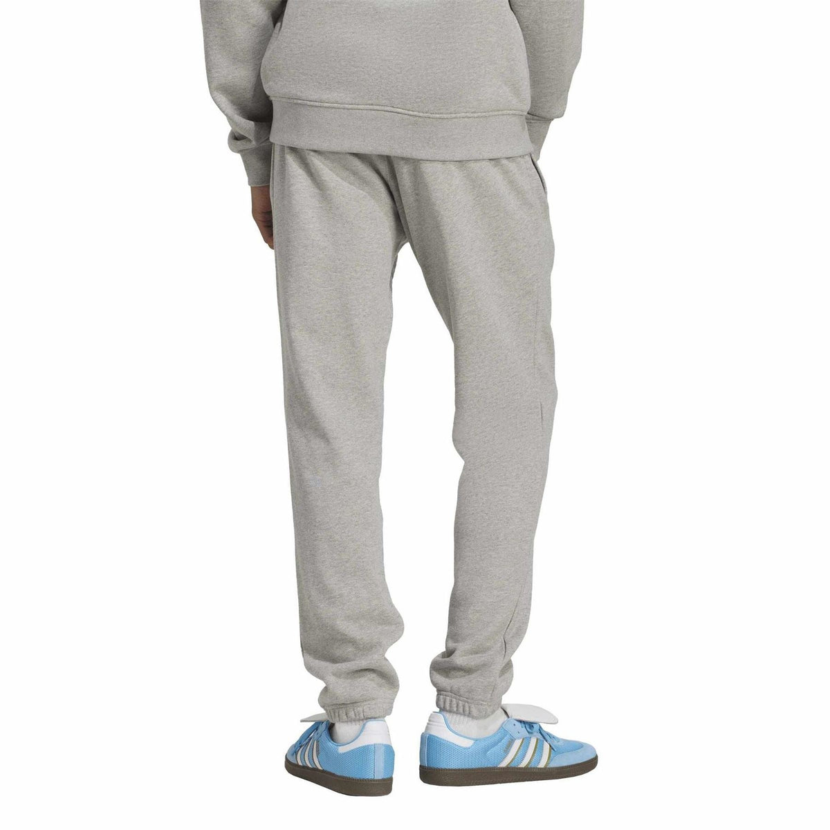 Heather grey French terry jogger pants with ribbed ankle cuffs and tapered fit