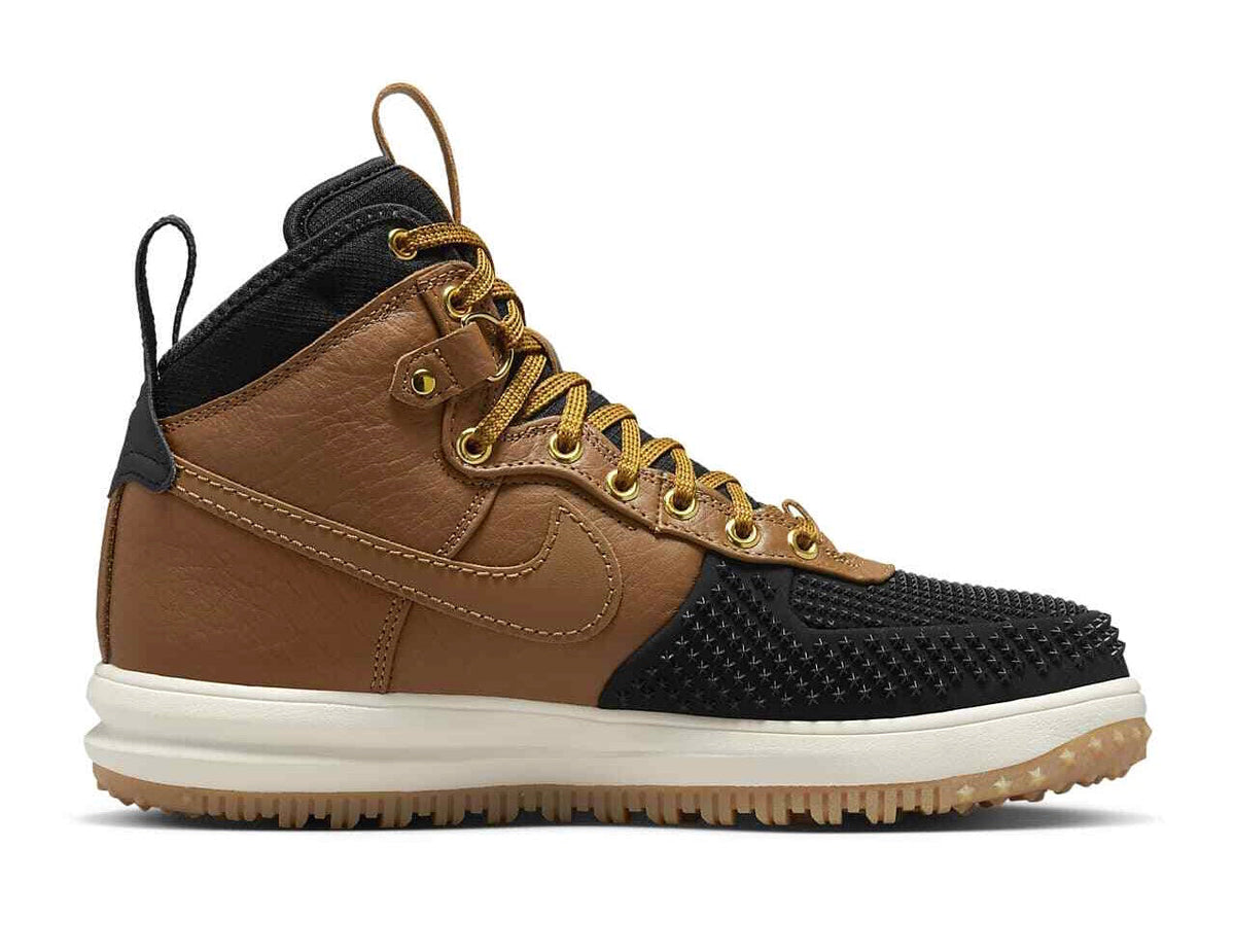 Men's Nike duckboot side view in ale brown, black textured panel, lace-up high top