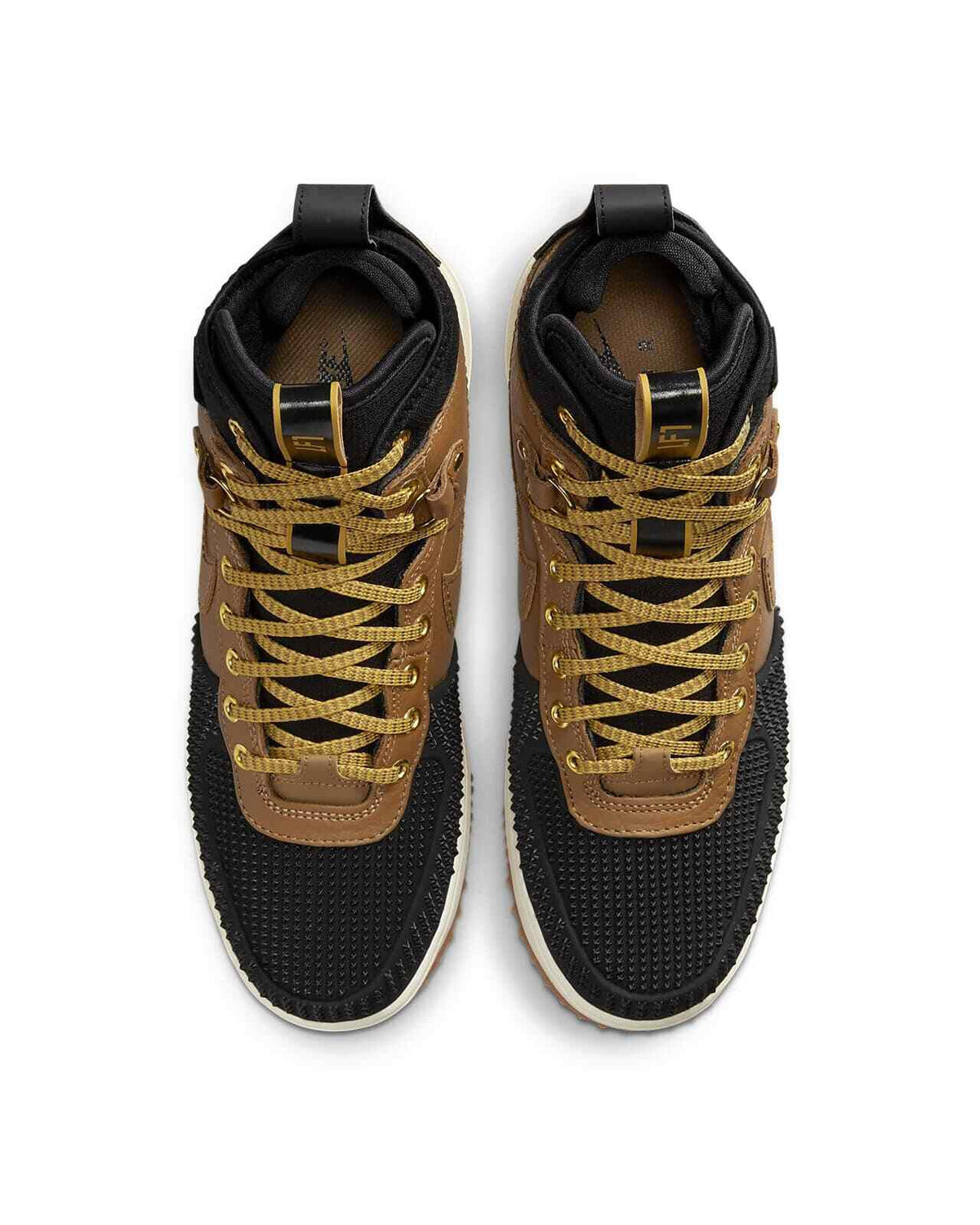 Men's Nike duckboot top view with black-and-brown uppers and yellow lace accents