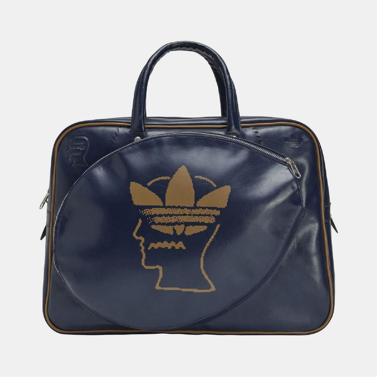 Navy duffel bag with top handles, gold logo front and zippered sides