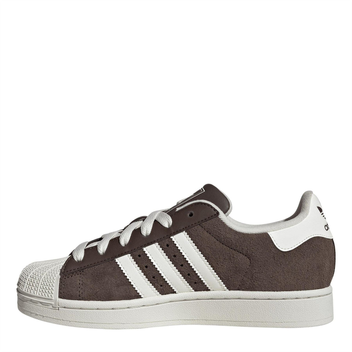 adidas Originals Superstar II sneakers, dark brown upper with white stripes and lace-up front