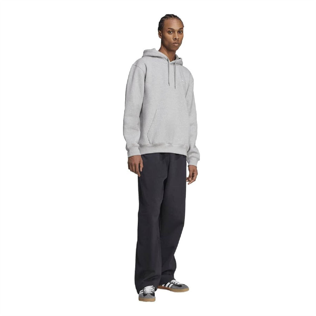 Grey adidas loose hoodie with drawstring hood and front kangaroo pocket
