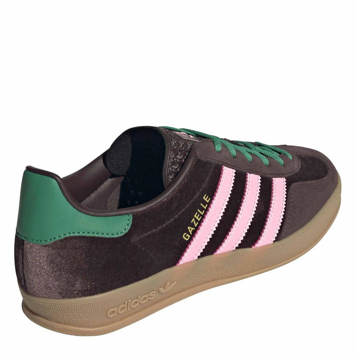 Dark brown indoor trainers with green collar panel, pink stripes, and gum sole