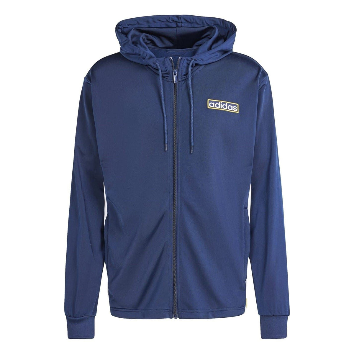 Navy zip-up hooded track jacket with drawstring hood and adidas logo on chest