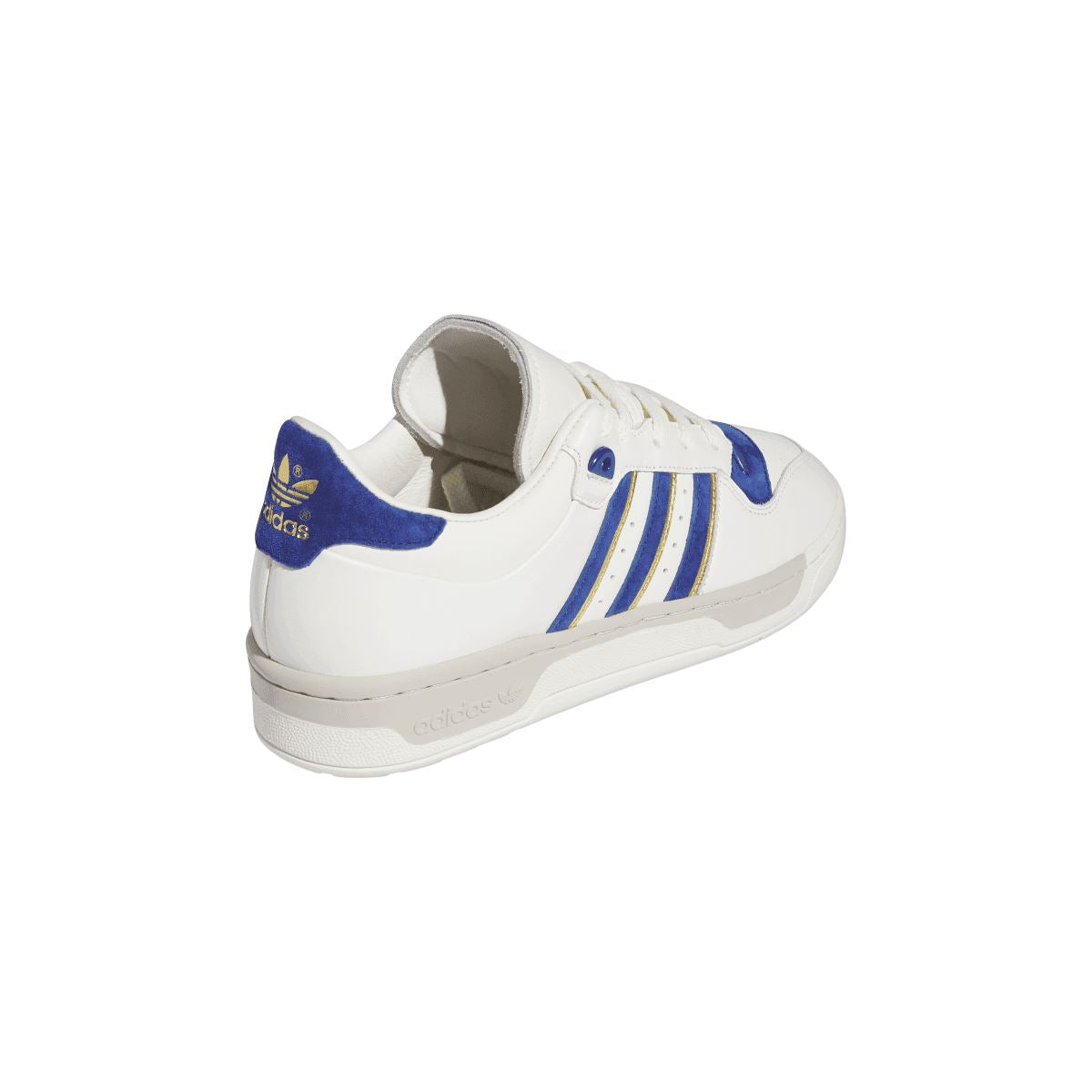 adidas Rivalry 86 low-top trainers, heel and side view in white with blue collar trim