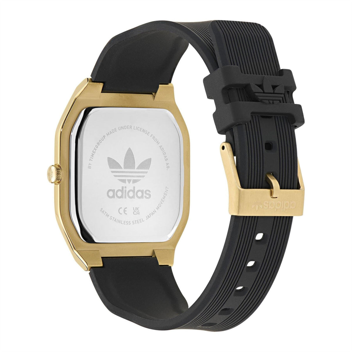 adidas Originals watch underside, black silicone strap with gold-tone case back