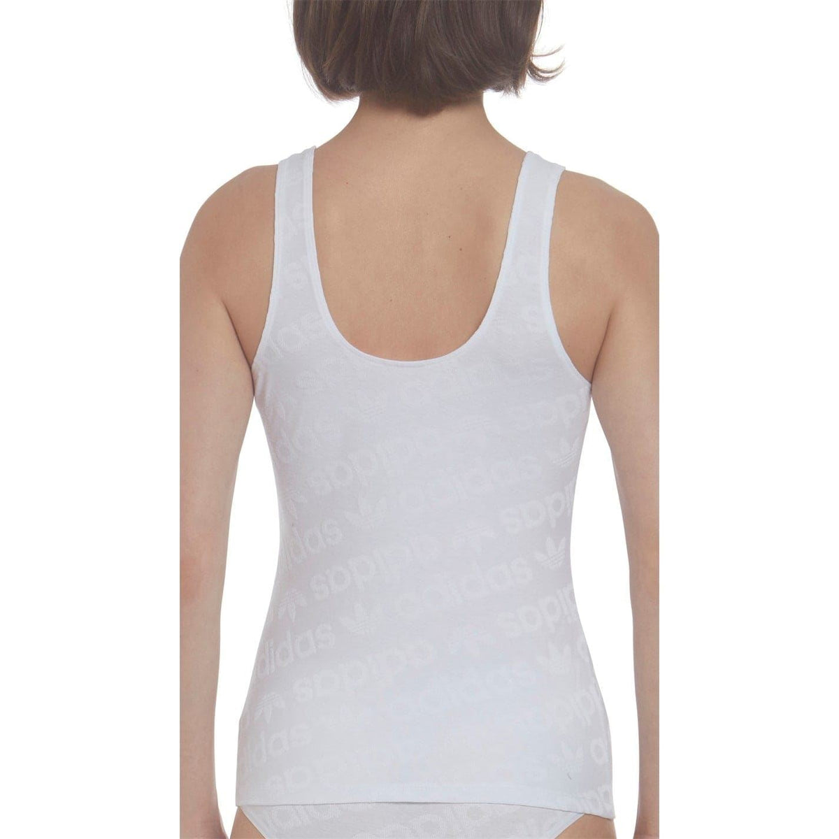 adidas Originals logo vest featuring all-over branding, sleeveless design, and casual fit, suitable for sporty and streetwear styles