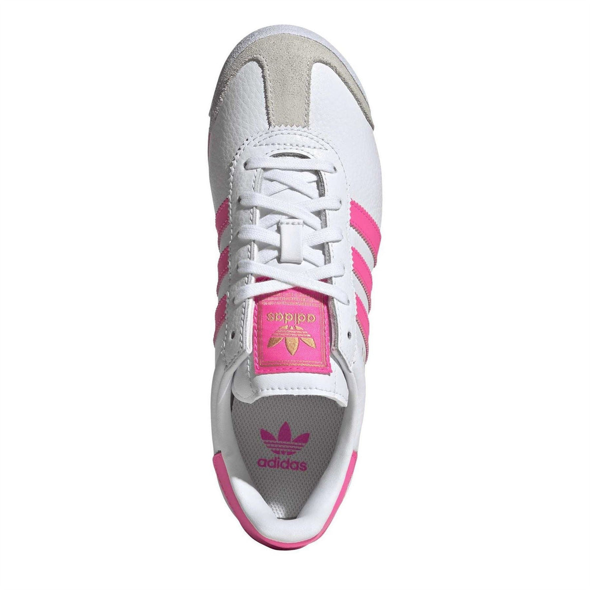 Juniors lace-up shoes in white with pink accents, Adidas and trefoil logos on tongue.