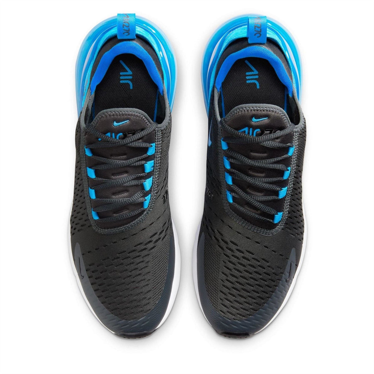 Nike Air Max 270 trainers, black with blue laces and blue collar accents
