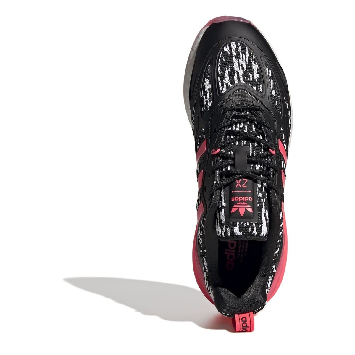 adidas ZX 2K Boost 2 low-top sneakers, front view with black mesh and pink accents