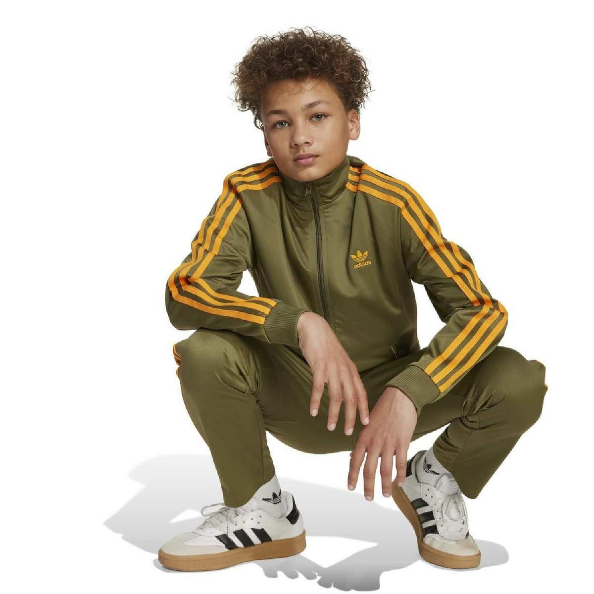 adidas junior athletic zip-up top, olive green with yellow-orange stripe sleeves and zip front