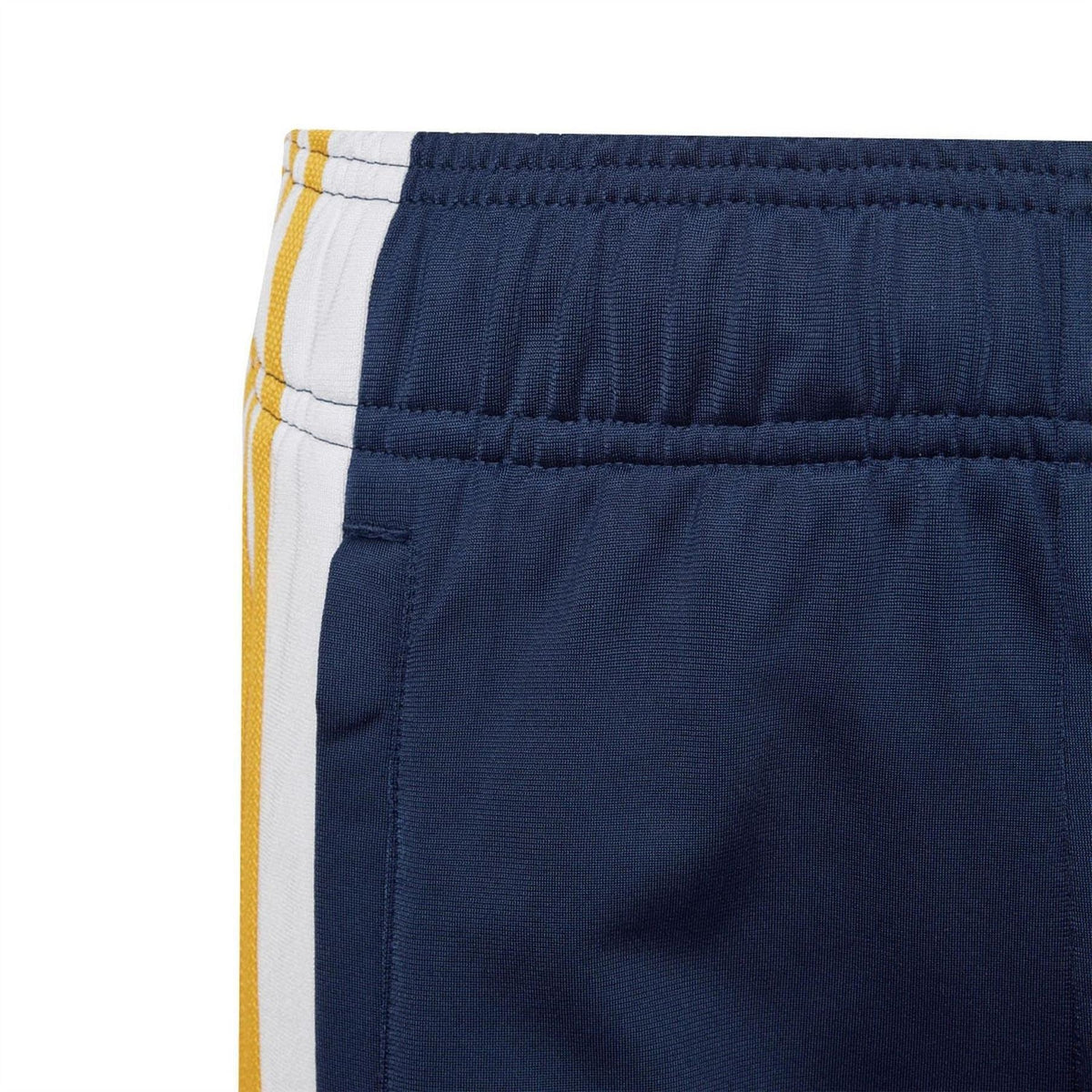 adidas Originals indigo shorts waistband with white and yellow stripe trim at hem