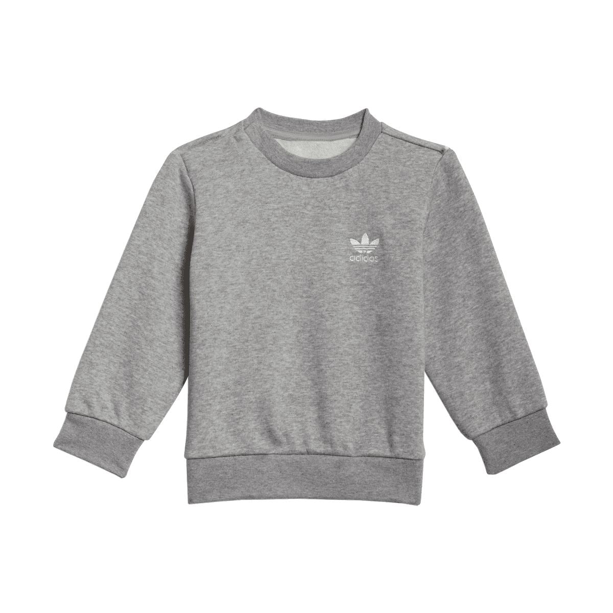 Grey infant crewneck sweatshirt with small adidas logo on chest.