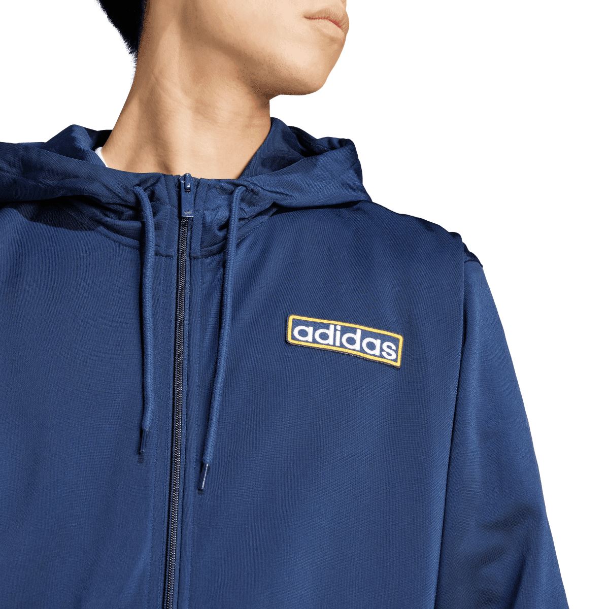 Indigo adidas full-zip hoodie, hood with drawstrings and chest logo patch close-up