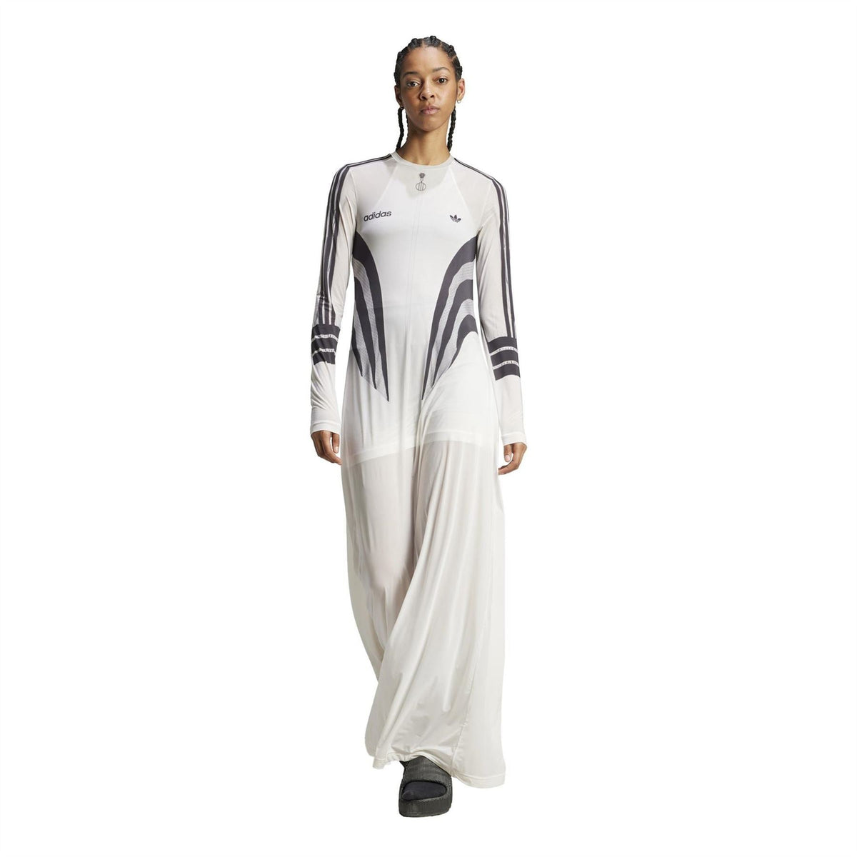 adidas Originals Atlanta Dre white maxi dress, long sleeves, dark abstract chest print