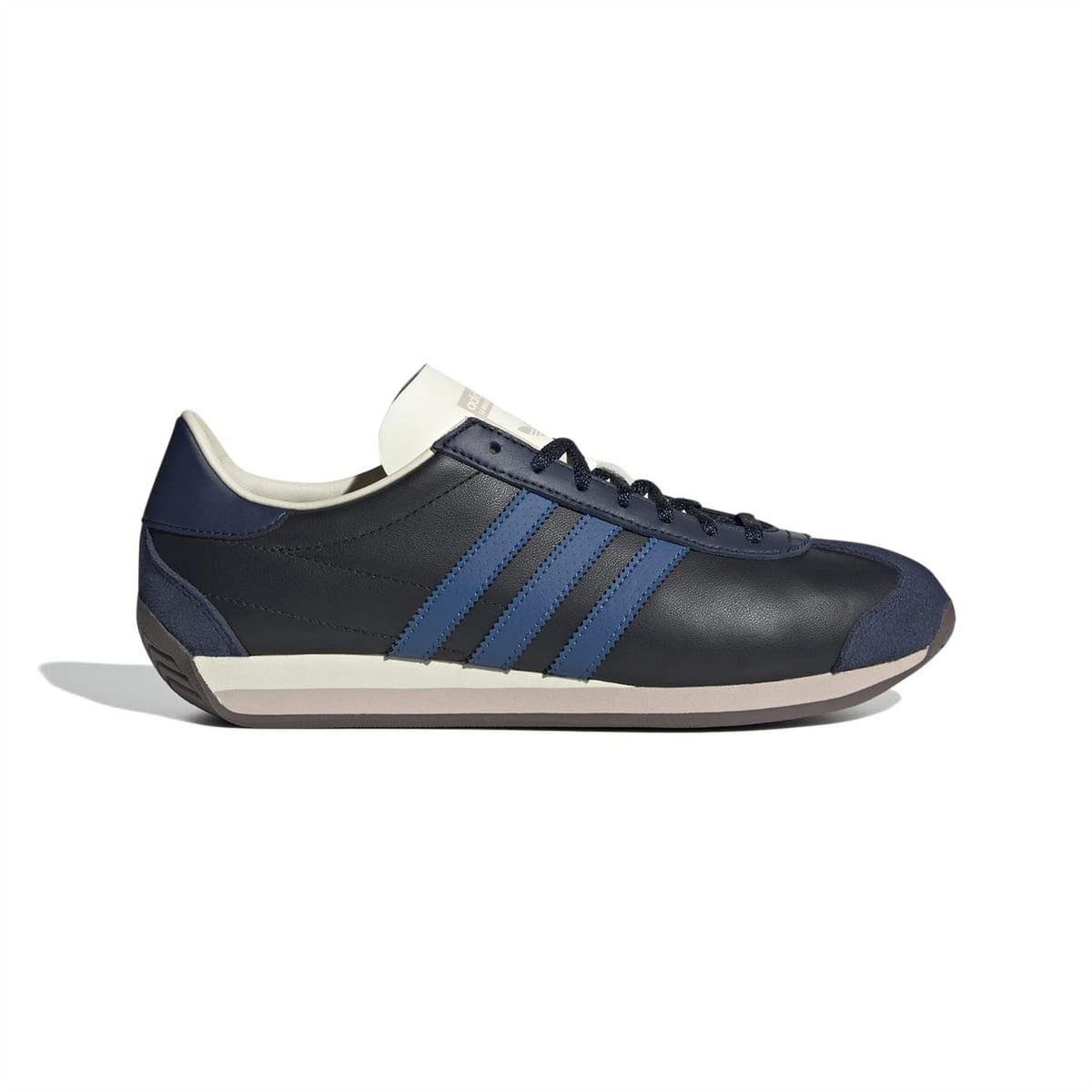Low-top sneakers in dark navy with blue three-stripe design and cream tongue