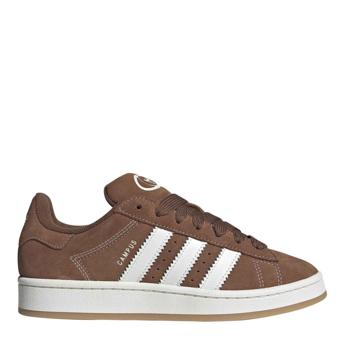 Brown suede low-top sneakers with white three stripes and chunky cup sole
