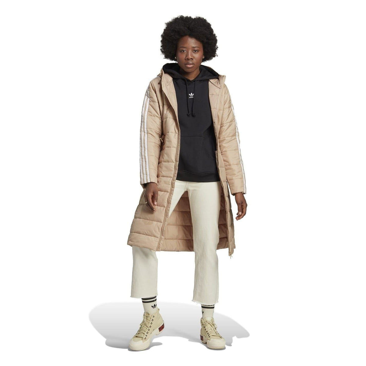 adidas Originals beige long hooded puffer jacket with waist belt and zipper