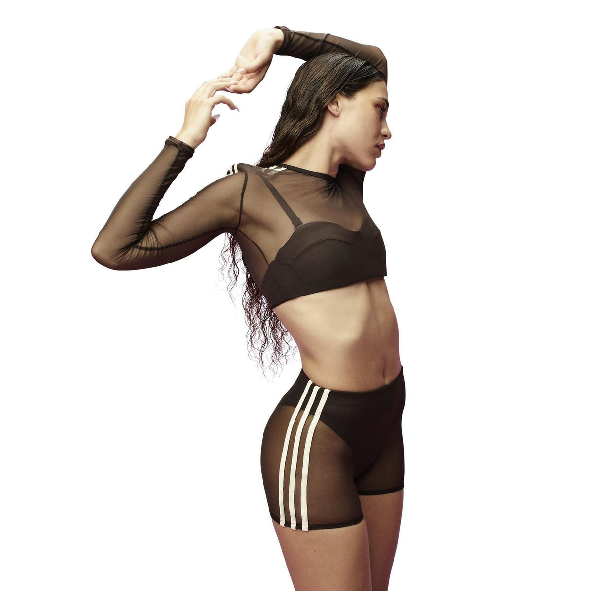 Brown sheer mesh swim top with sculpted bust panel and high back coverage