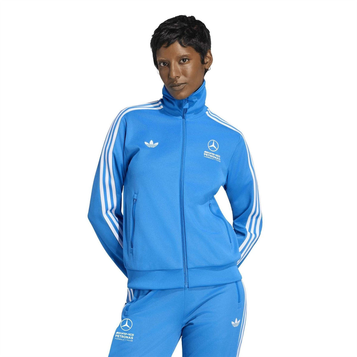 Blue track top with white adidas stripes and Mercedes-AMG Petronas badge; full zipper.
