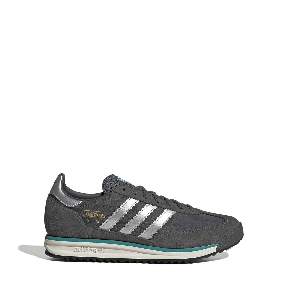 Grey low-top sneakers with white three-stripe design and teal sole trim.