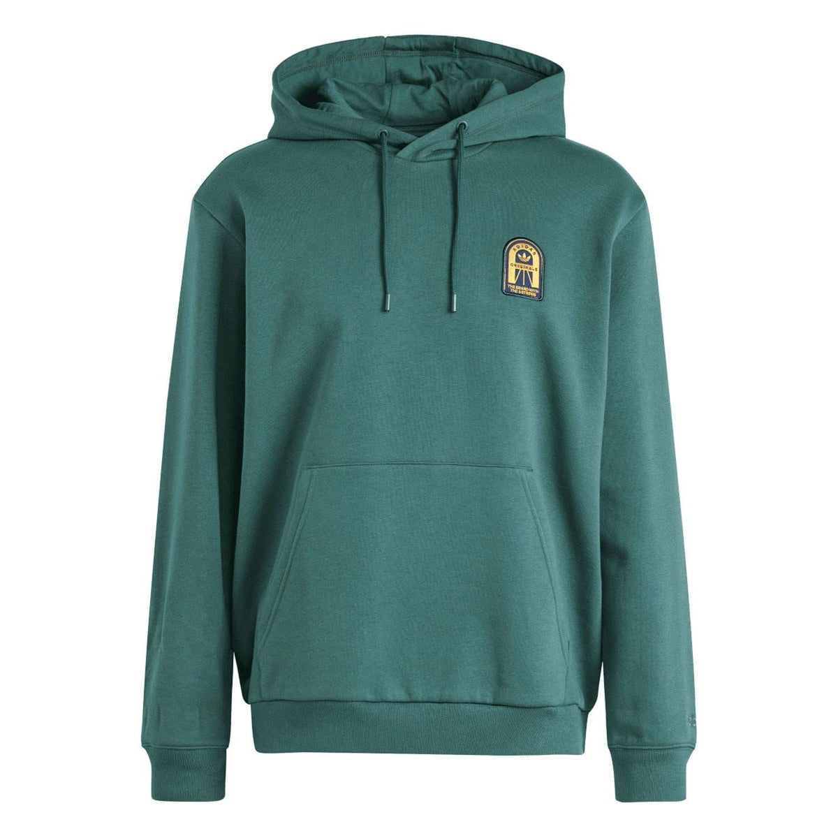 Green adidas Originals graphic hoodie with chest logo patch and adjustable drawstring hood