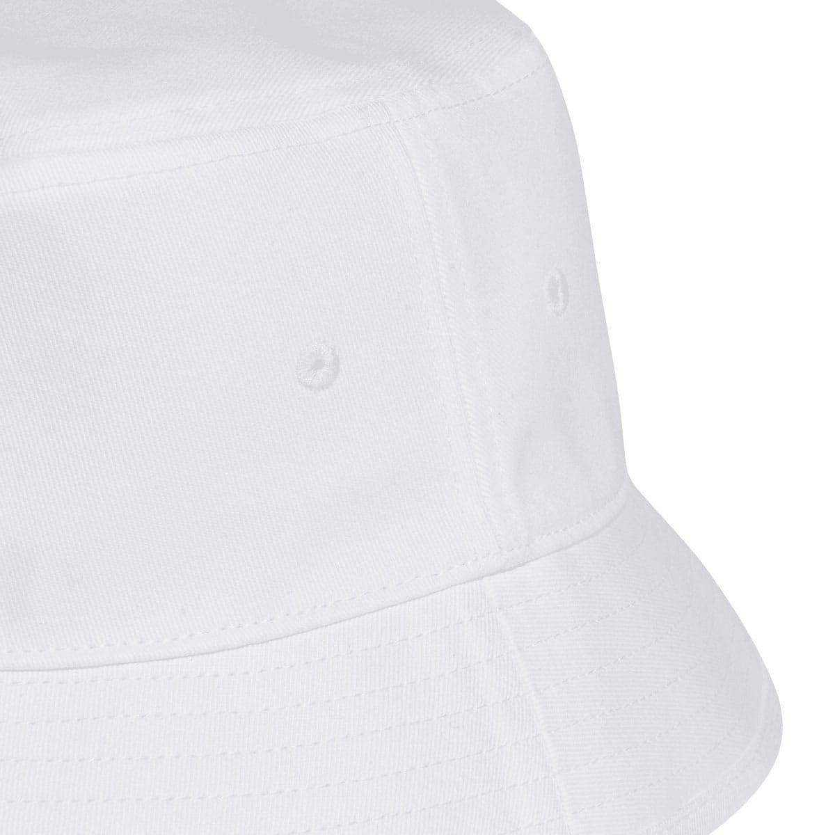 White bucket hat close-up showing stitching and small side eyelets