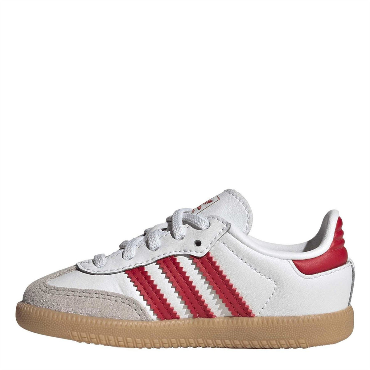 adidas Originals infants Samba sneakers, white upper with red adidas stripes and gum sole