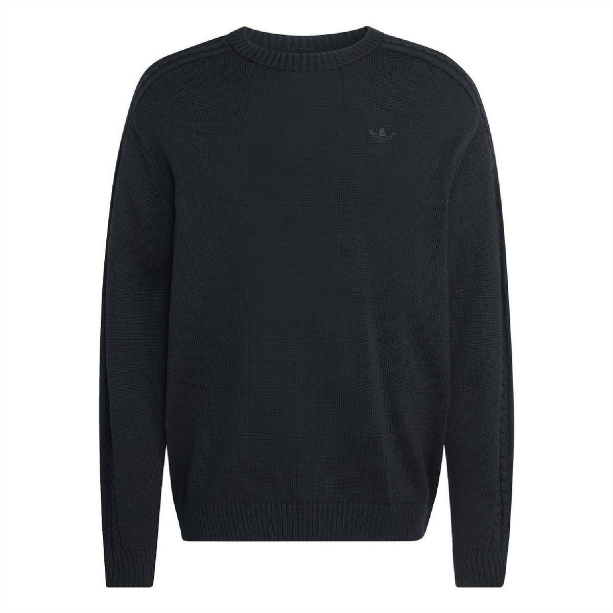 Black crew neck sweater with raglan sleeves and ribbed hem and cuffs