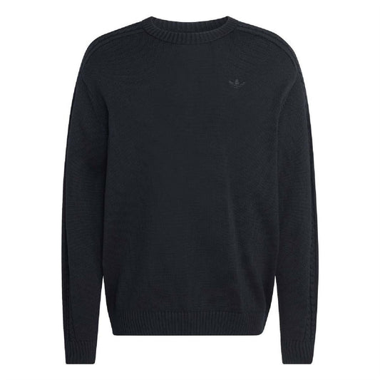 Black crew neck sweater with raglan sleeves and ribbed hem and cuffs