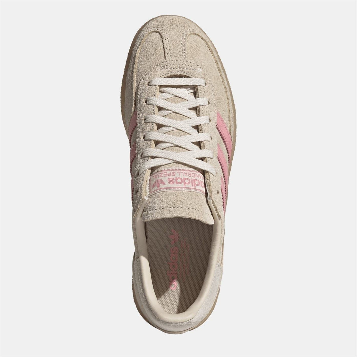 Beige suede lace-up sneakers for women with pink stripe accents at the toe.