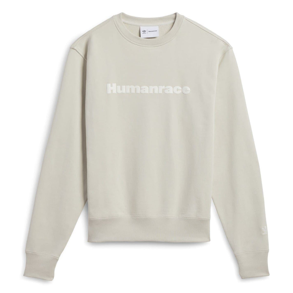 Light beige crewneck sweatshirt with front “Humanrace” graphic logo, relaxed fit.