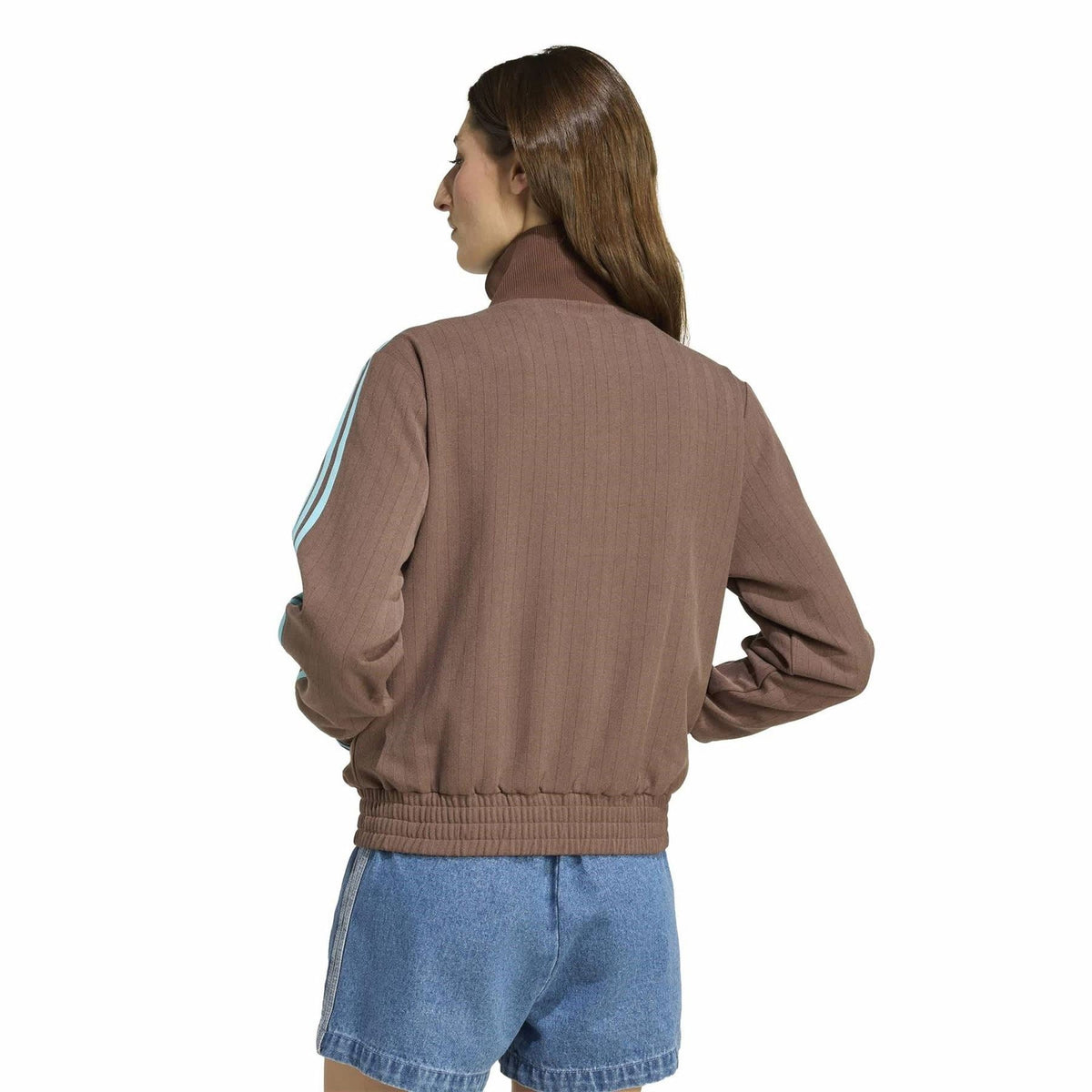 Brown zip-up track jacket with stand collar, ribbed hem, and turquoise shoulder stripes