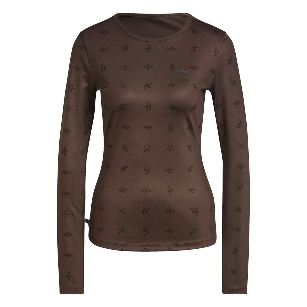 adidas Originals brown long-sleeve crewneck shirt with all-over small icon print