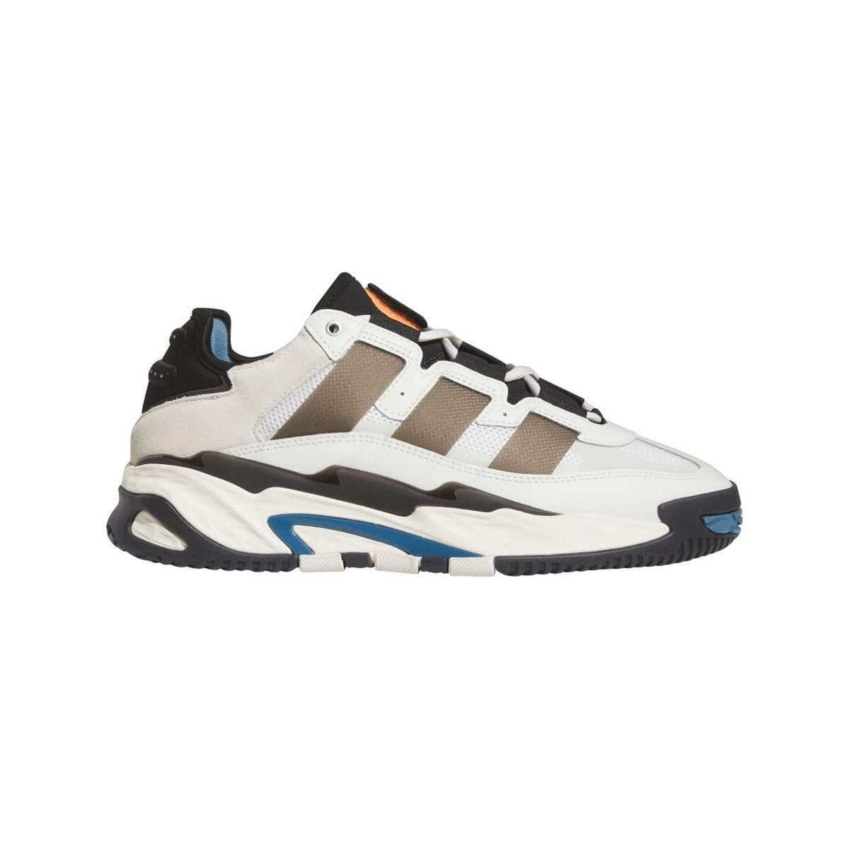adidas Originals trainers in white with tan panels, black heel, and blue accents