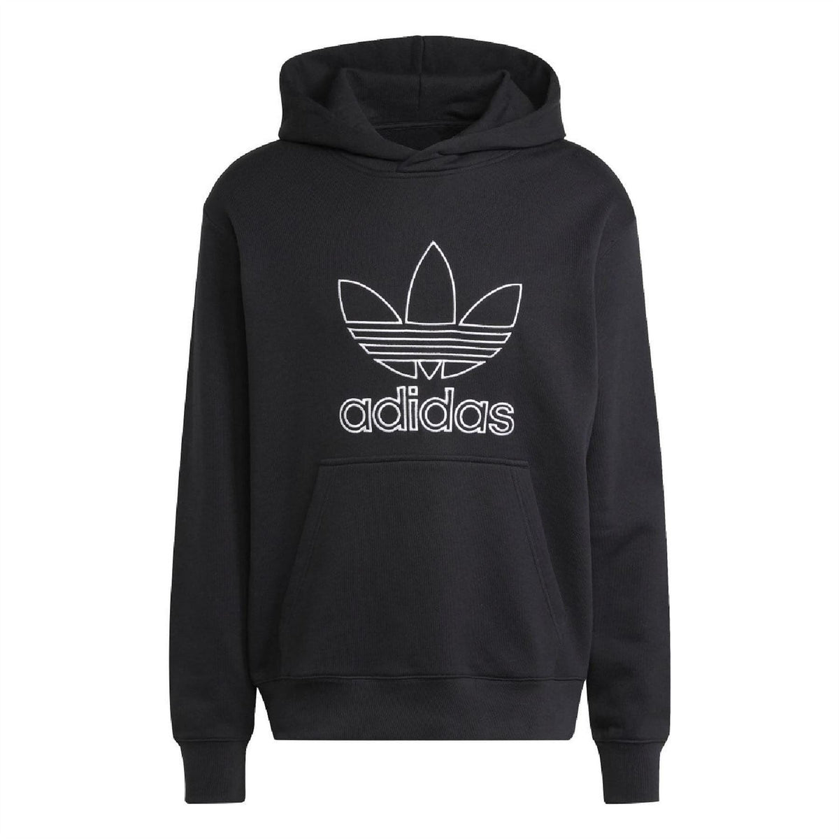 Black pullover hoodie with adidas Trefoil outline logo and kangaroo pocket