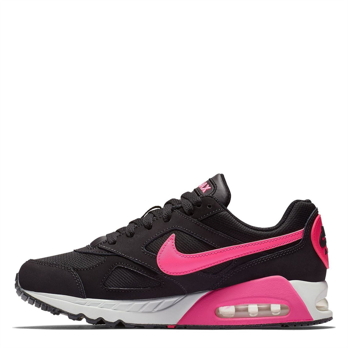 Nike girls black trainers with bright pink side stripe, Air window, and chunky sole