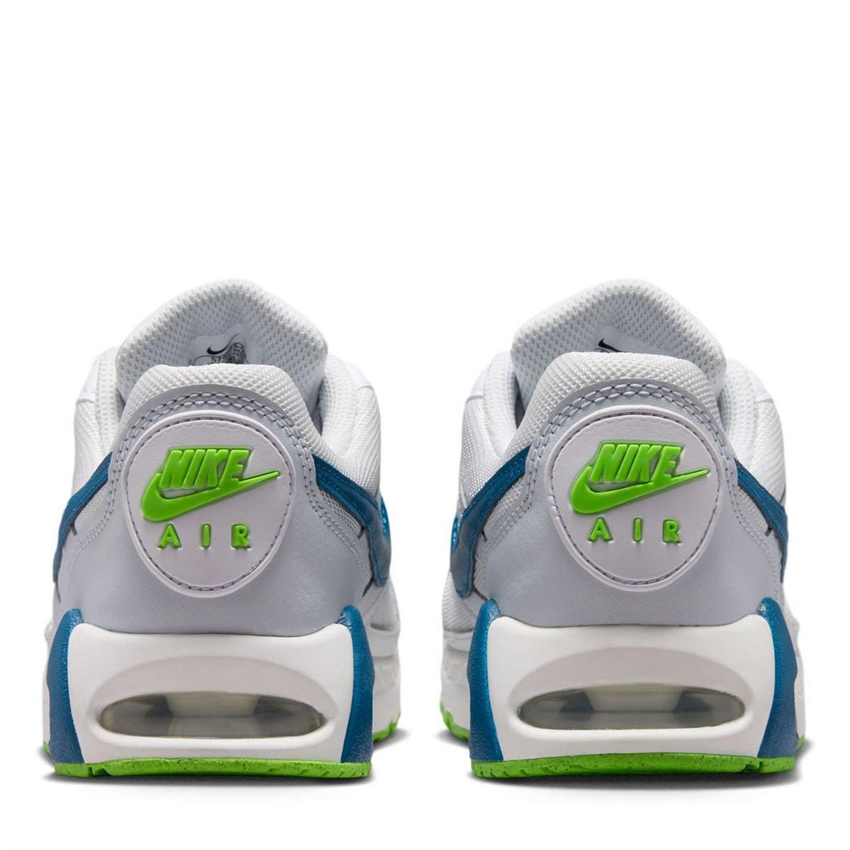 Kids Nike Air Max Ivo heel view, white leather with teal Air logo and green sole edge