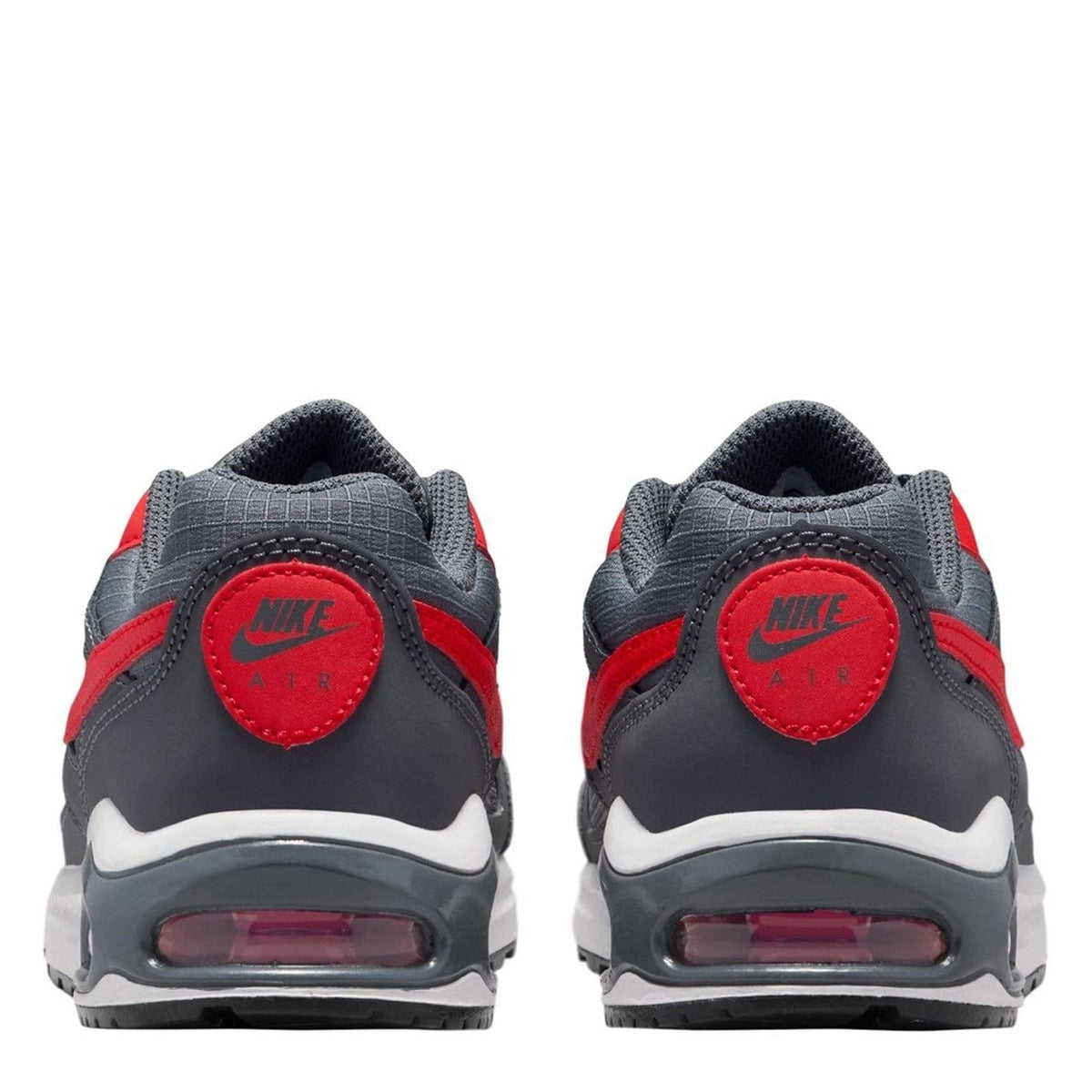 Boys' dark gray trainers with red heel pull and Nike branding on back