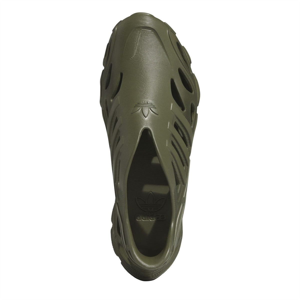 Olive slip-on running shoe showing heel profile and embossed logo