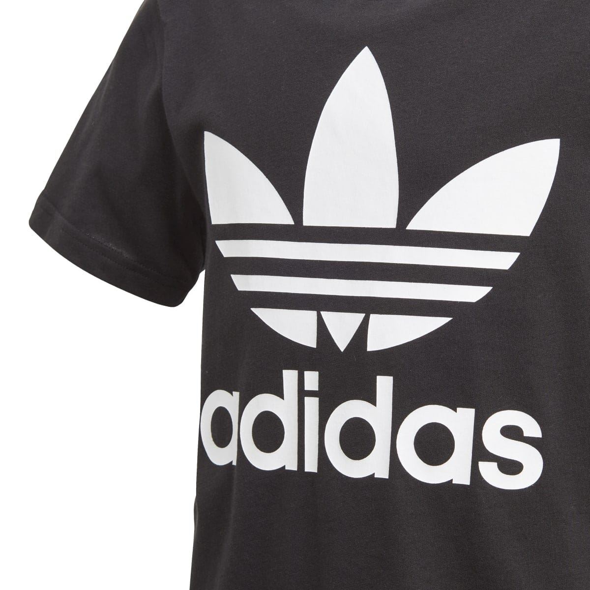 Kids black T-shirt with large white Trefoil logo and adidas wordmark print
