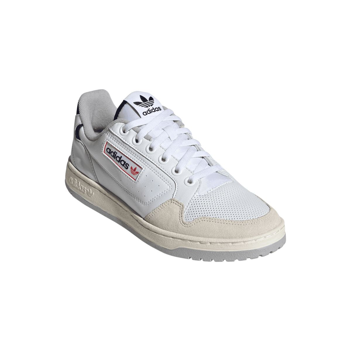 White adidas NY 90 trainers with navy heel trim and adidas logo on the tongue.
