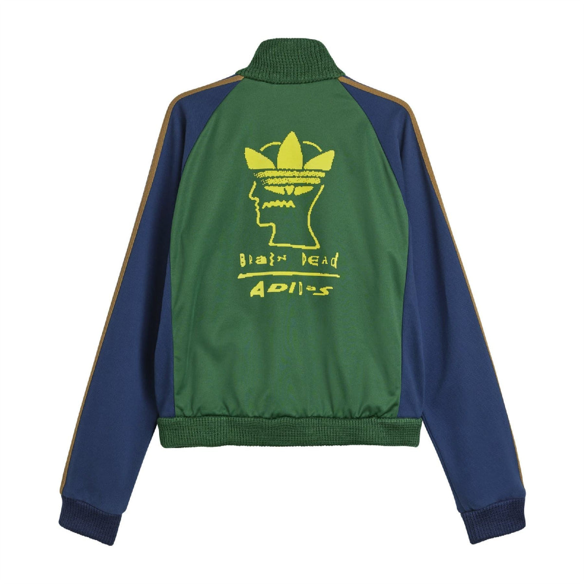 Green track jacket with back graphic logo, full zipper, mock neck, and gold trim