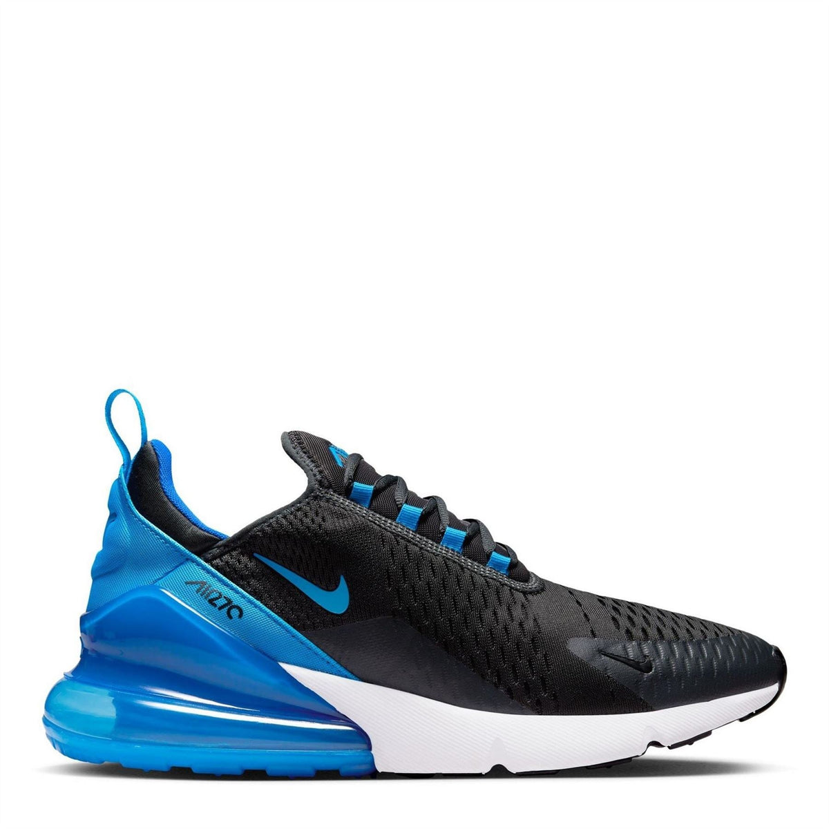 Nike Air Max 270 trainers, black upper with blue swoosh and blue air unit