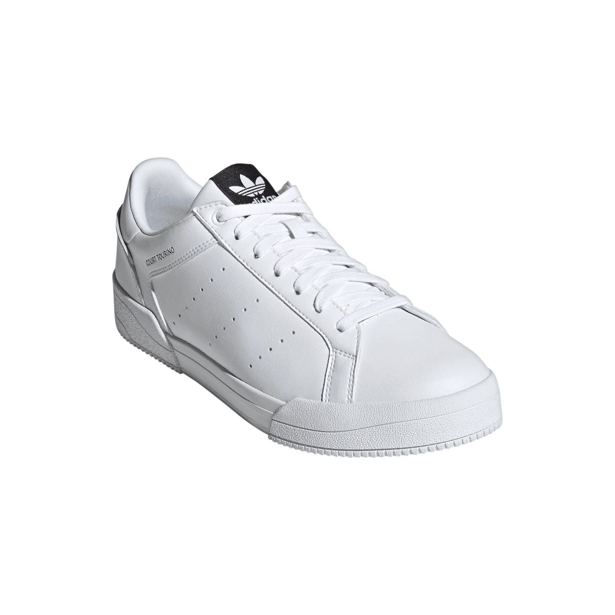 White adidas Originals Court Tourino trainer with trefoil logo on tongue and perforated toe.