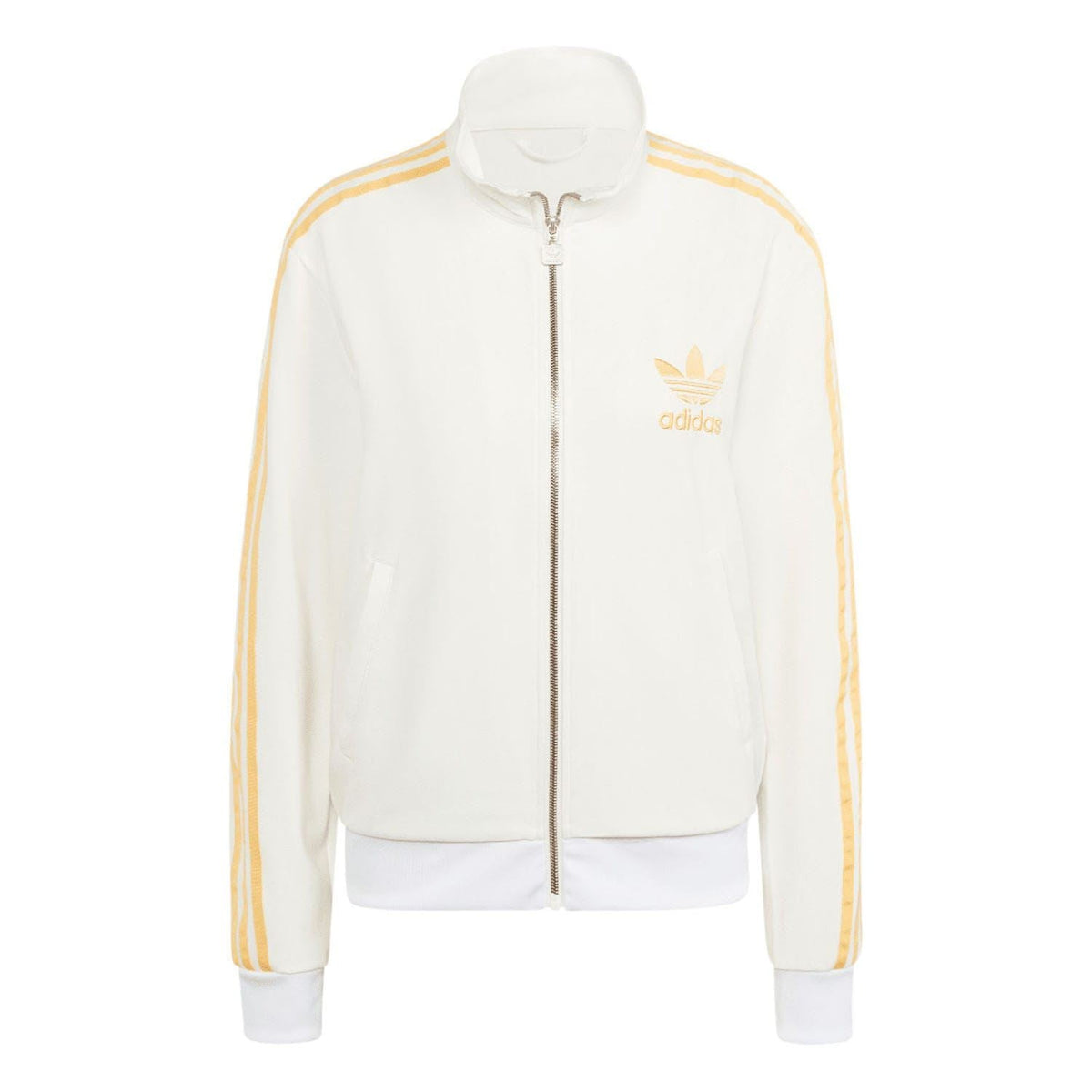Off-white track top with gold Adidas chest logo and full zip front