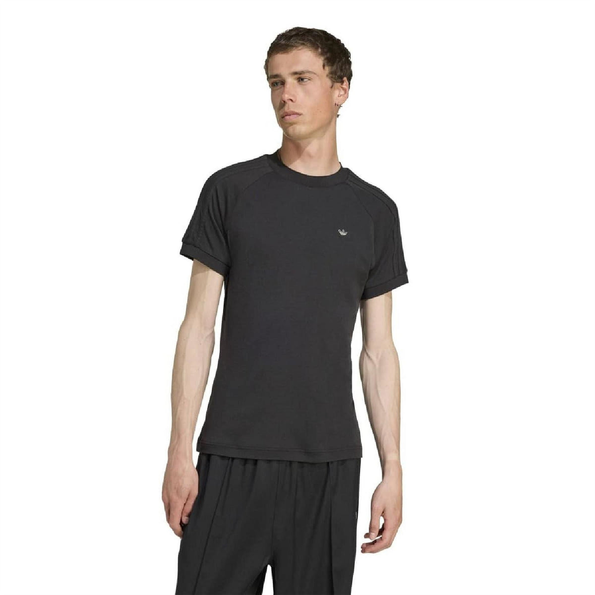 Black crew-neck T-shirt with raglan sleeves and small adidas Originals chest logo