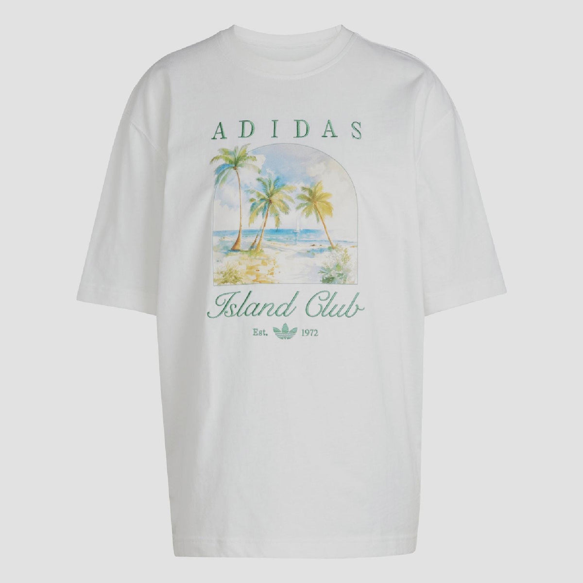 White oversized graphic t-shirt with Adidas 'Island Club' palm scene print