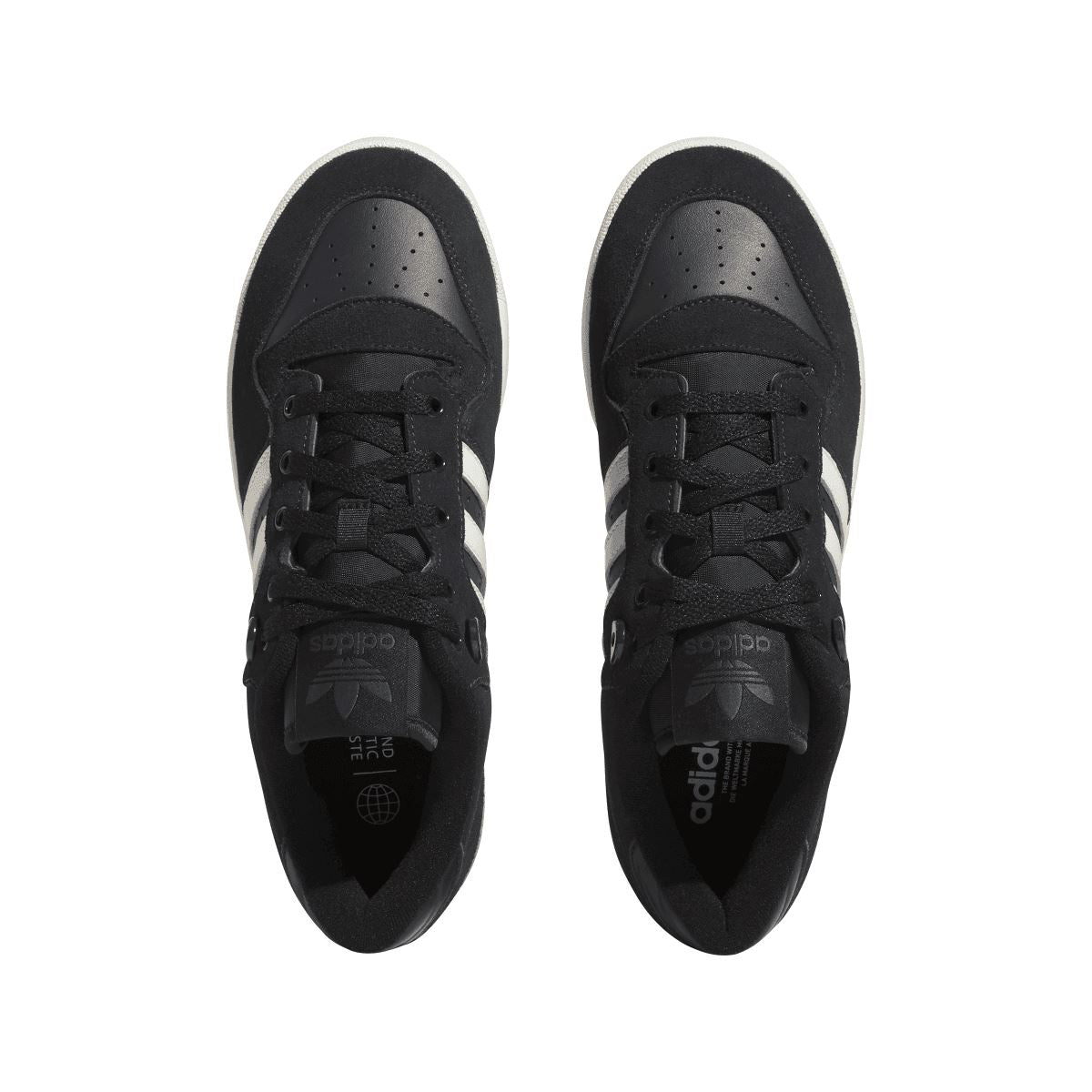 Pair of black lace-up trainers with perforated toe and three white stripe details